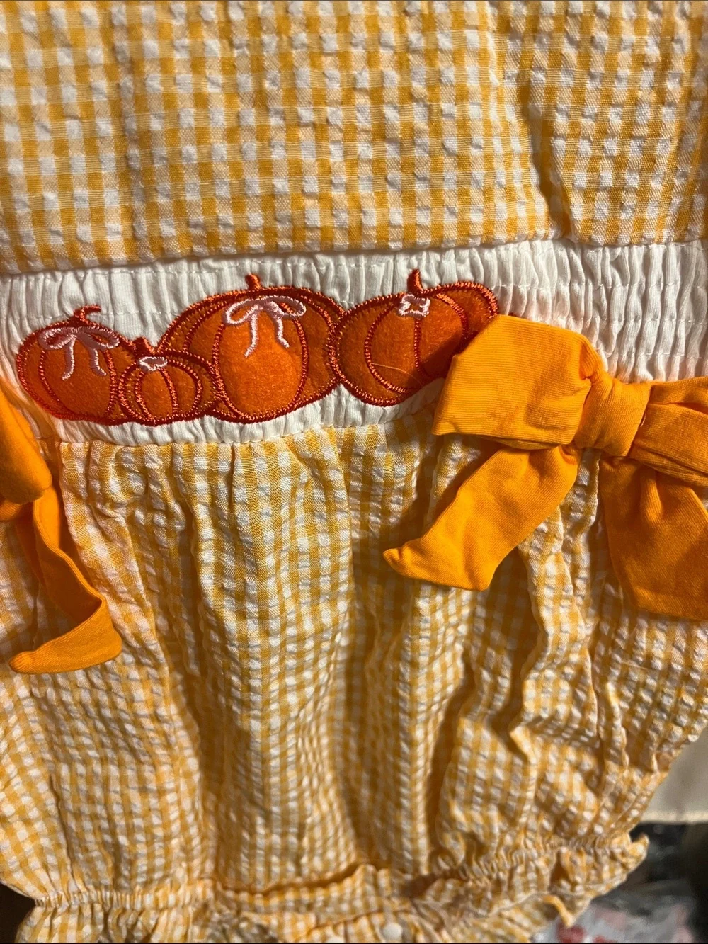 Orange lighting not good  Gingham Baby Romper with Pumpkin Embroidery NWOT